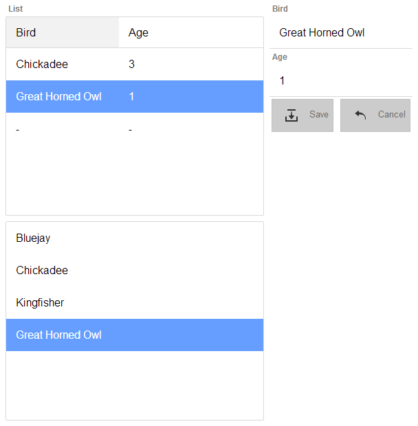 An editor-list (lower left) updates items in a formview (top-right) that updates a list.